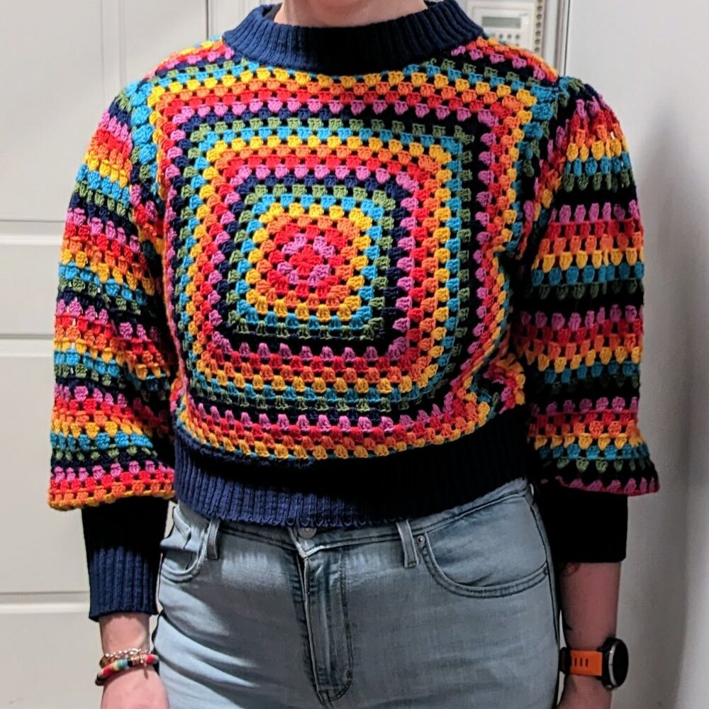FARM Rio Multicolor Crochet Square Sweater with Navy Trim - Picture 2 of 6